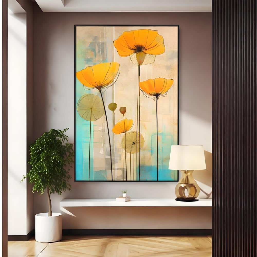 Tablou canvas cu pictura verticala cu flori galbene, in rama de aluminiu negru